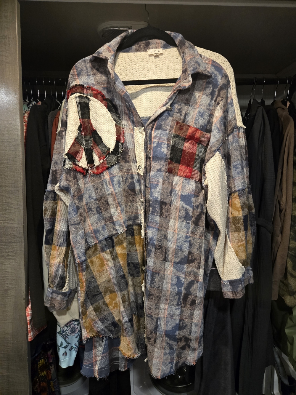 POL Mixed Plaid Patchwork Jean Shacket in Blue, Red, Yellow, Cream